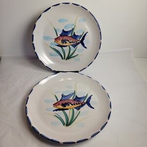 2 Vietri Italy Fish Ceramic Hand Painted Dinner Plate Blue Scalloped Edge Set